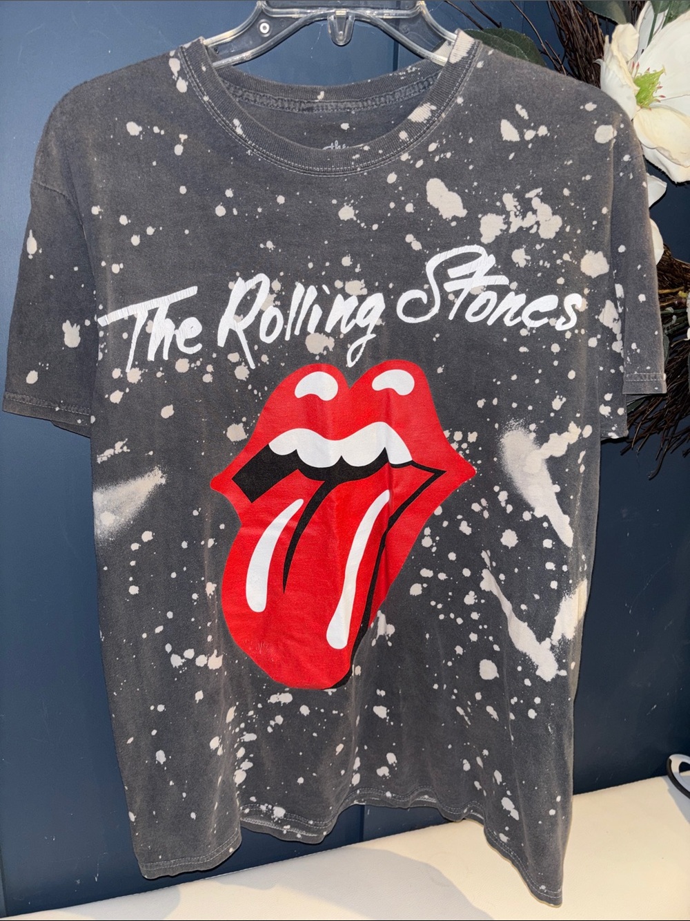 The Rolling Stones Black Tee with Red Tongue Graphic & Bleach Design